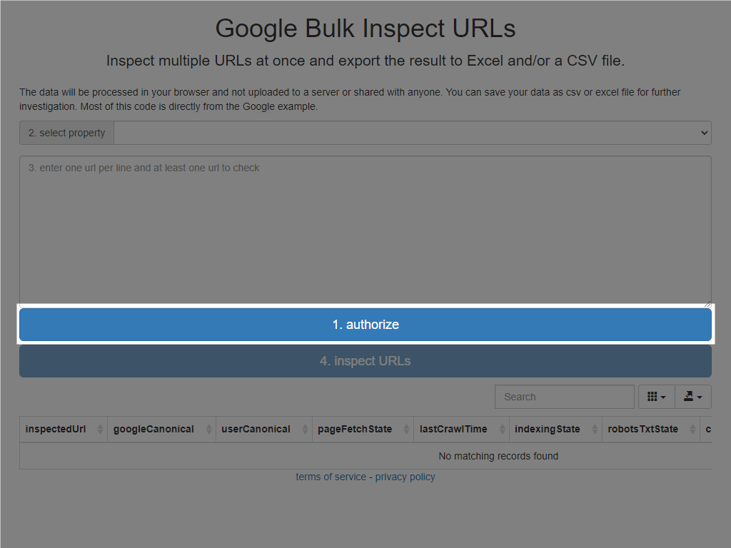 Google Bulk Inspect URLs authorize